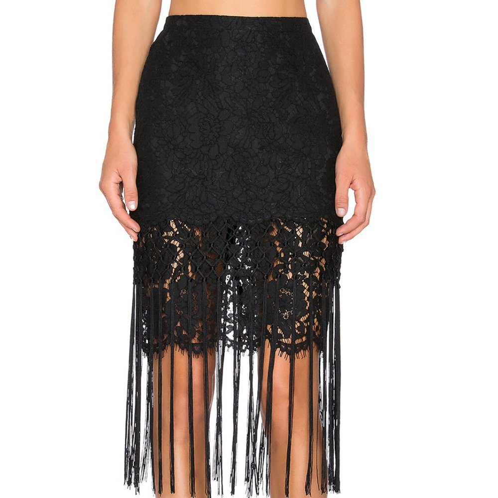 ENDLESS ROSE BLACK SKIRT Lace Pencil Skirt With Fringe SIZE S NWT - Picture 2 of 4
